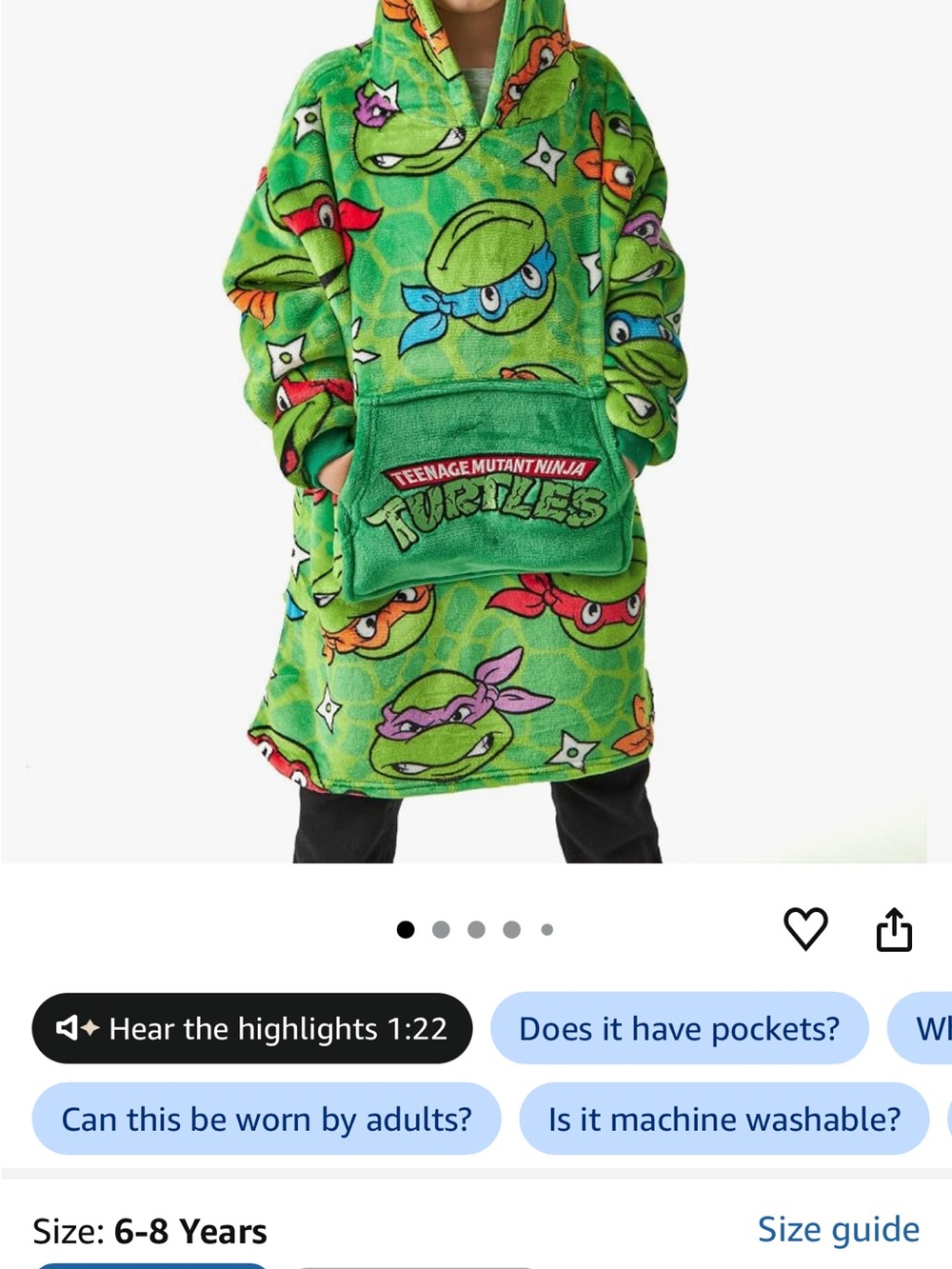 Teenage Mutant Ninja Turtles Green Hooded Wearable Blanket with Front Pocket